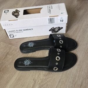 Serra Black Slide Sandals with Metallic Details